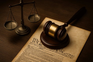 Scales of justice and gavel resting on the U.S. Constitution, symbolizing the Supreme Court’s restoration of executive balance. ai image via 1stcounsel.