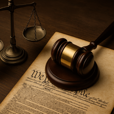 Scales of justice and gavel resting on the U.S. Constitution, symbolizing the Supreme Court’s restoration of executive balance. ai image via 1stcounsel.