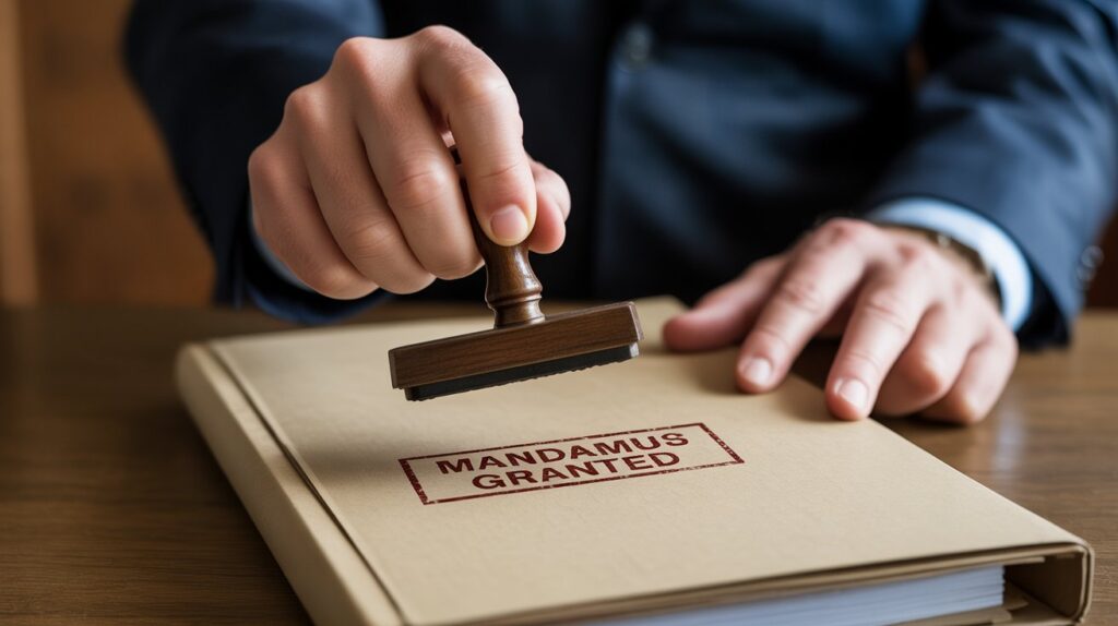 judge hand stamps writ of mandamus approval, NewsBlaze ai image.