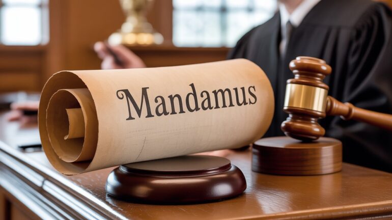 weathered writ of mandamus legal scroll, NewsBlaze ai image.